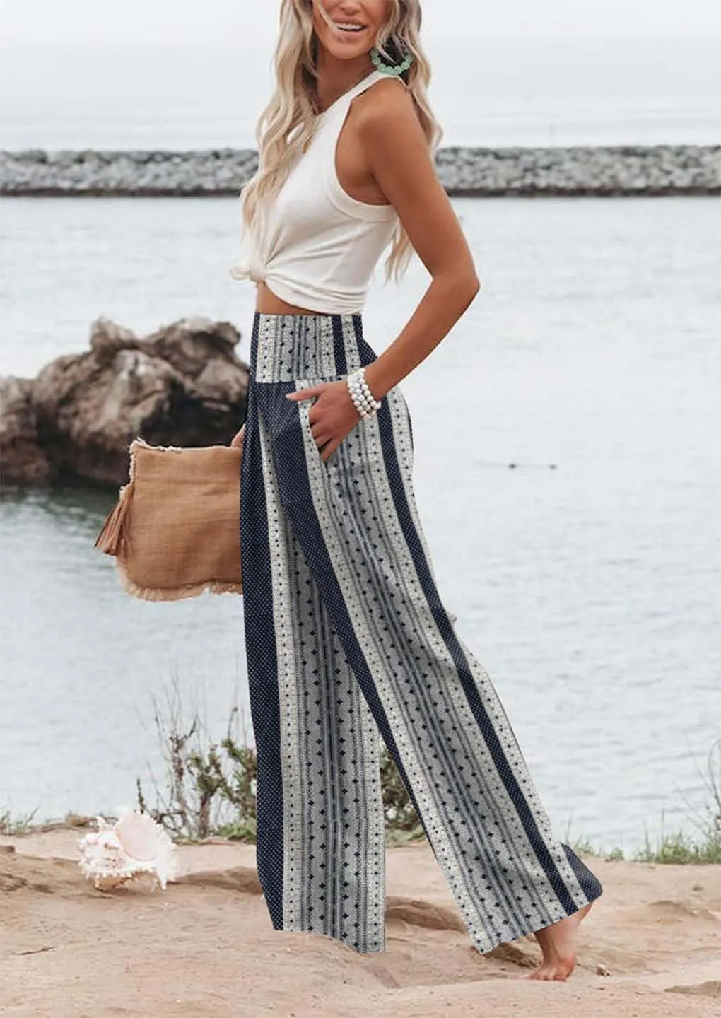 High Waisted Palazzo Wide Leg Flowy Dressy Pants for Women Business Casual Trousers with Pockets