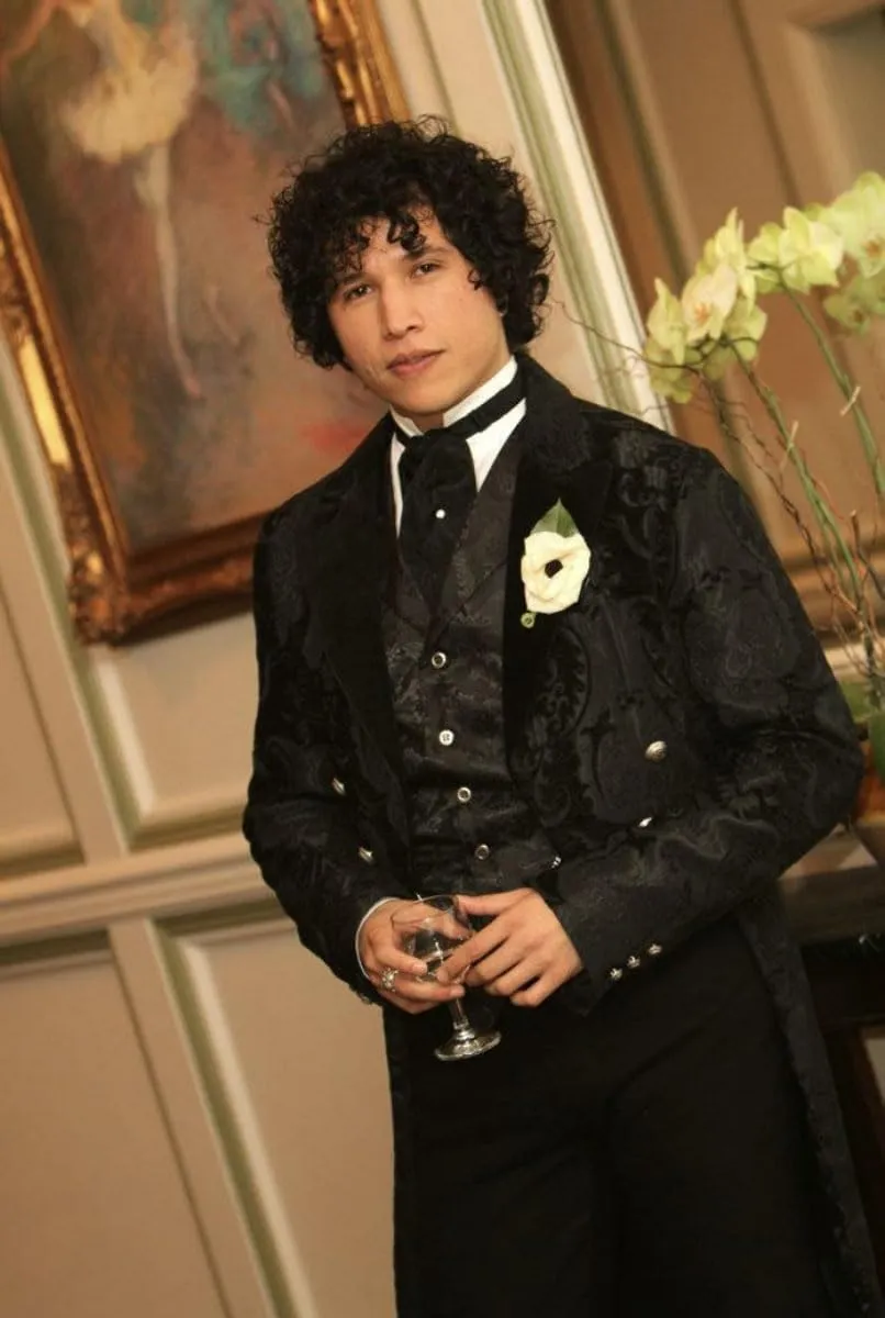 Historical Emporium Men's Satin Jacquard Formal Suit Vest, Victorian Edwardian Tuxedo Dress Waistcoat