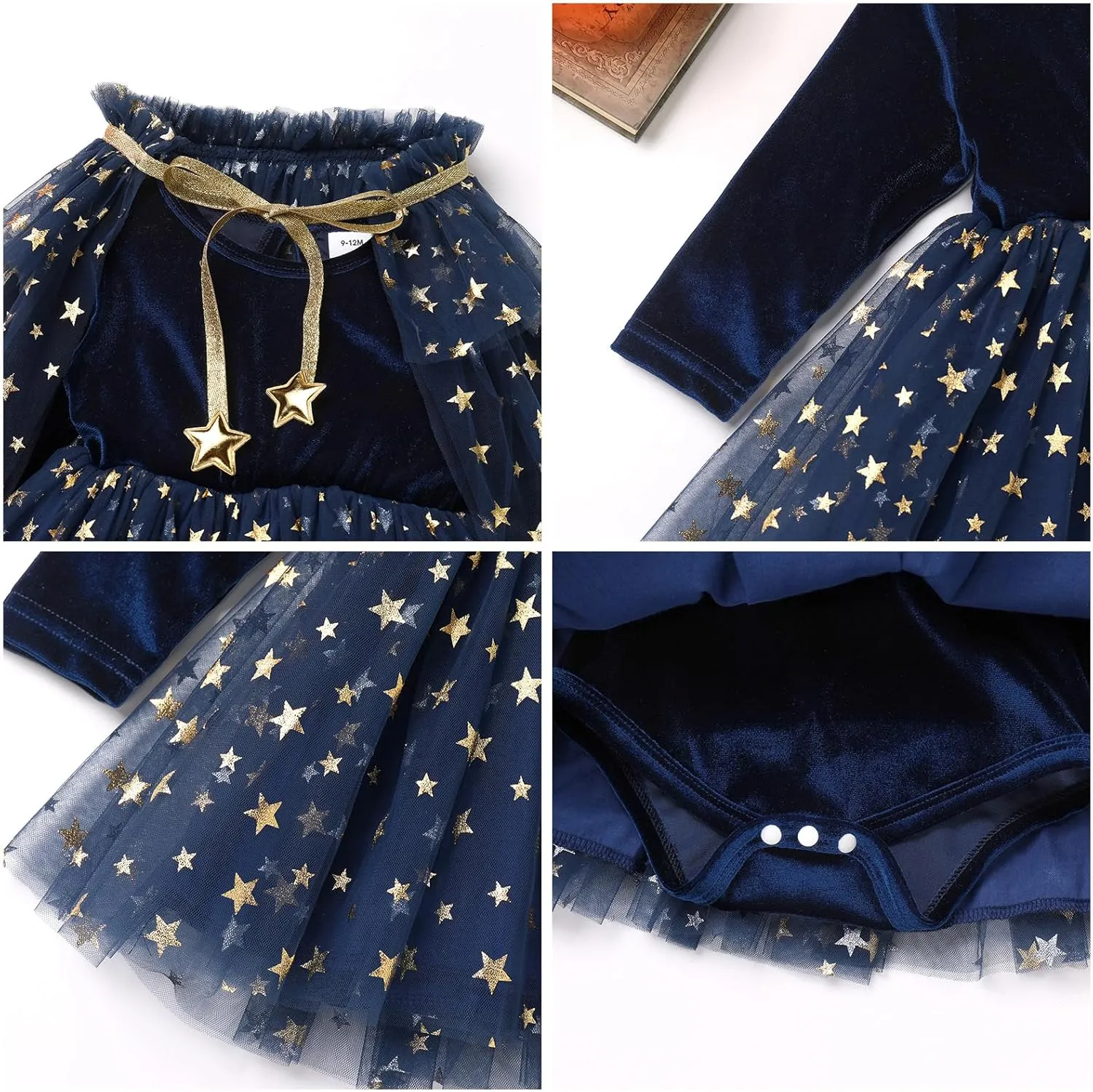 IDOPIP Toddler Girls Velvet Romper Dress with Cloak Cape Outfit Princess Star Glitters Tulle Dress Cute Christmas Party Gown