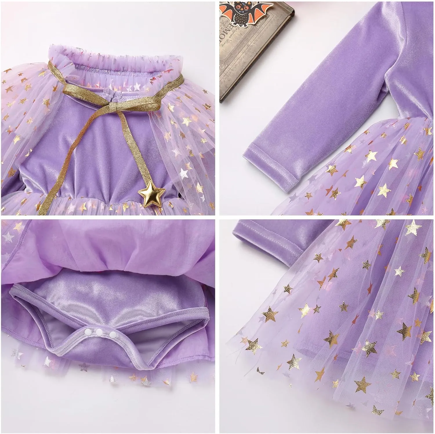 IDOPIP Toddler Girls Velvet Romper Dress with Cloak Cape Outfit Princess Star Glitters Tulle Dress Cute Christmas Party Gown