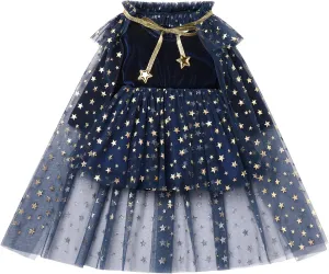IDOPIP Toddler Girls Velvet Romper Dress with Cloak Cape Outfit Princess Star Glitters Tulle Dress Cute Christmas Party Gown