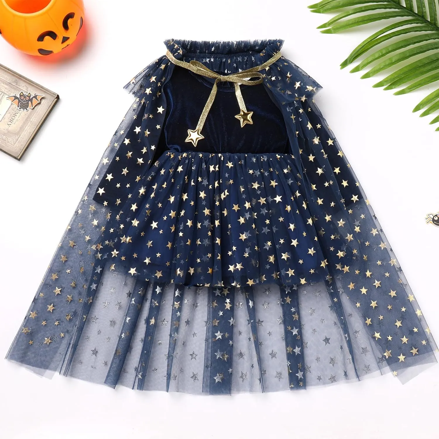 IDOPIP Toddler Girls Velvet Romper Dress with Cloak Cape Outfit Princess Star Glitters Tulle Dress Cute Christmas Party Gown