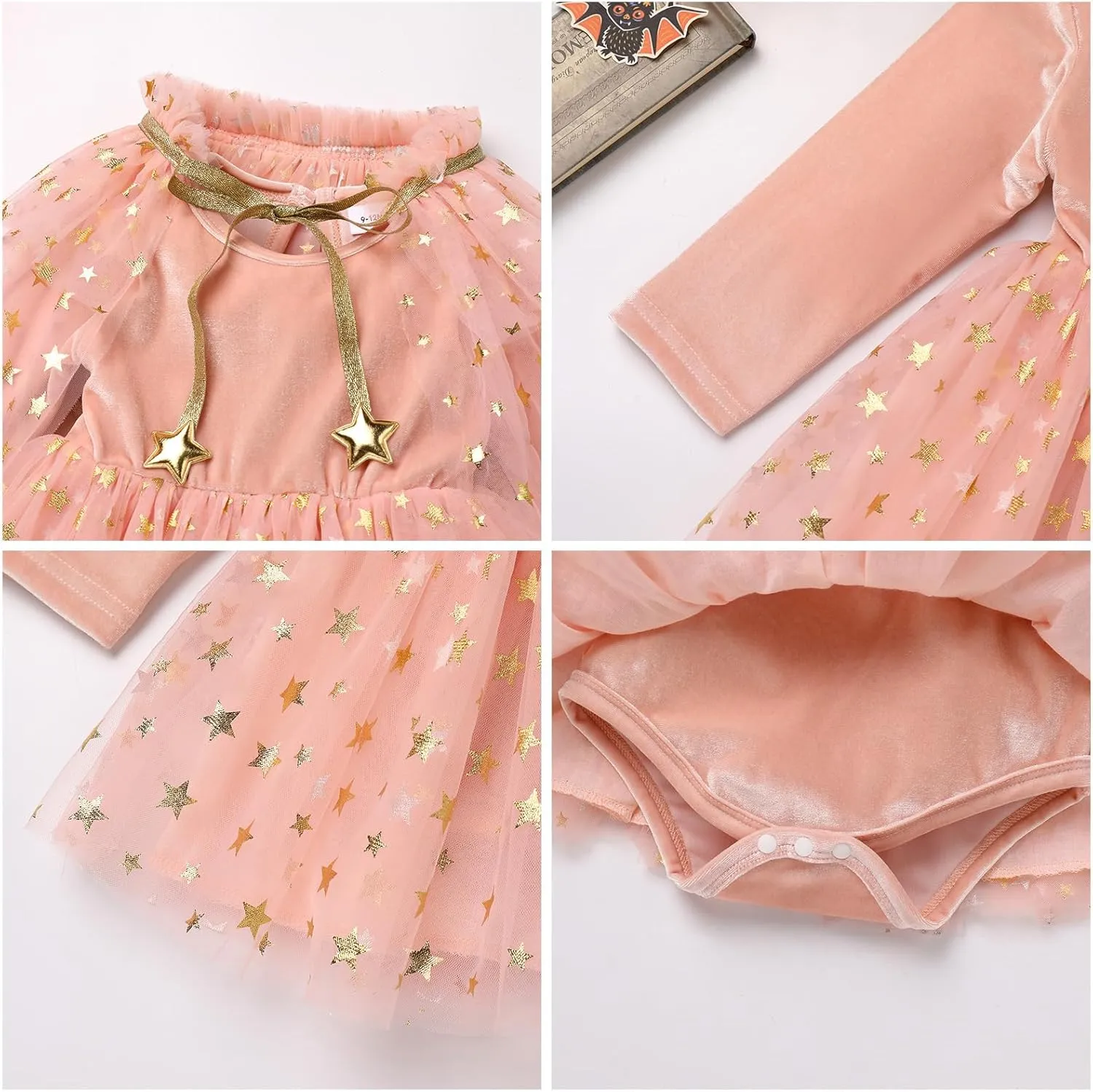 IDOPIP Toddler Girls Velvet Romper Dress with Cloak Cape Outfit Princess Star Glitters Tulle Dress Cute Christmas Party Gown