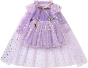 IDOPIP Toddler Girls Velvet Romper Dress with Cloak Cape Outfit Princess Star Glitters Tulle Dress Cute Christmas Party Gown