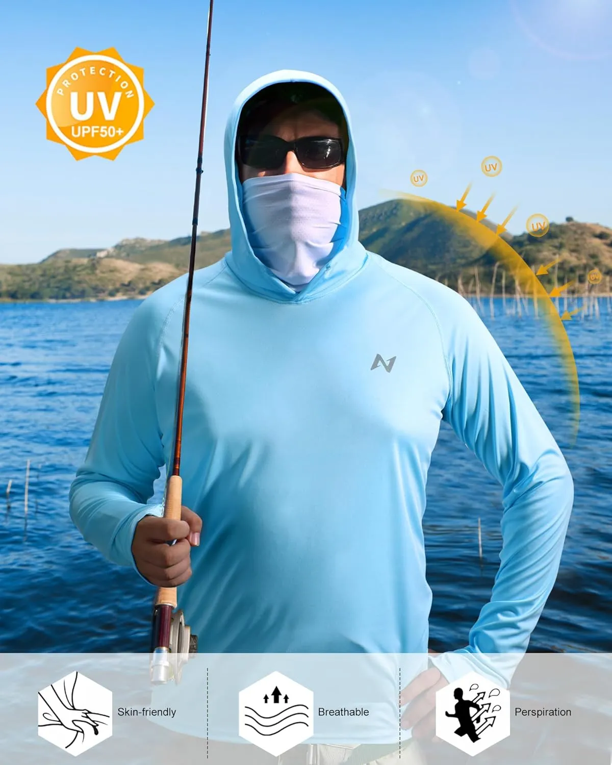 isnowood Sun Shirt UPF 50  Men's Fishing Long Sleeve Hooded Rash Guard Hiking Swimming Running UV Protection Hoodie