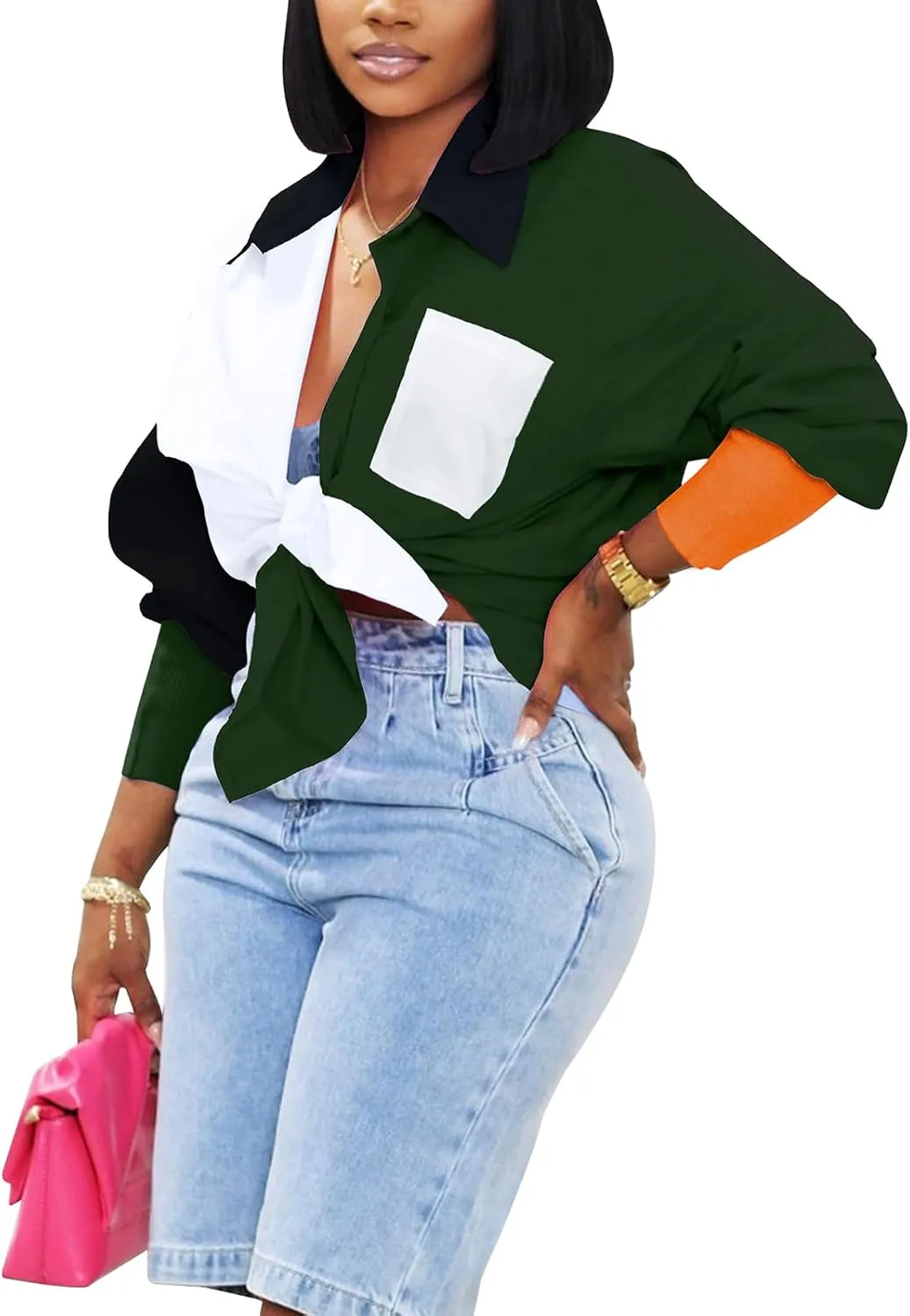 kaimimei Shirt Dress for Women Sexy-Color Block Letter Embroidery Button Down Long Sleeve Ribbed Cuff Club Blouse Mini Dress