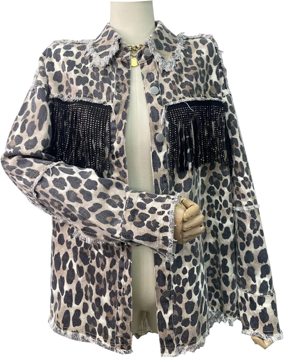 Kedera Women's Leopard Print Denim Jacket for Women Tassel Fringe Long Sleeve Drop Shoulder Denim Jacket