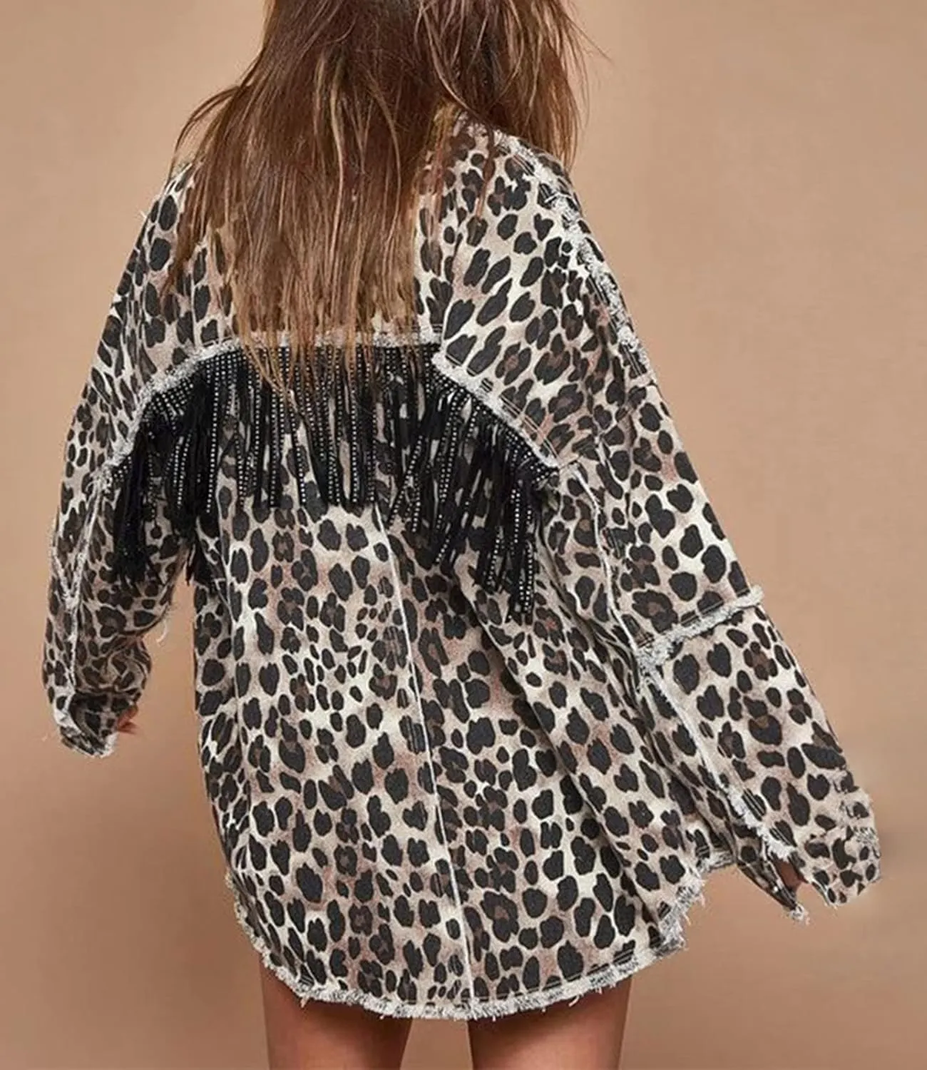 Kedera Women's Leopard Print Denim Jacket for Women Tassel Fringe Long Sleeve Drop Shoulder Denim Jacket