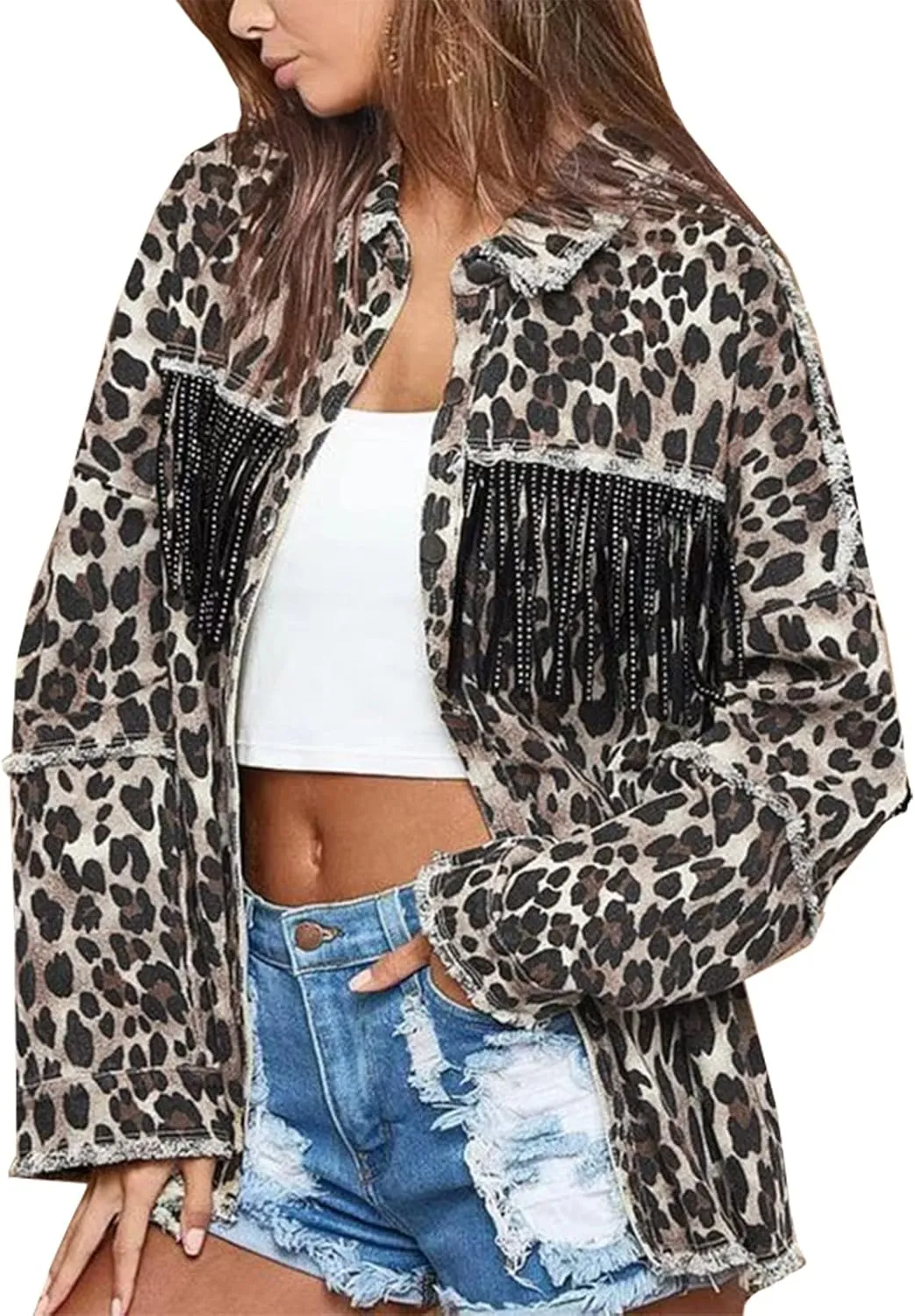 Kedera Women's Leopard Print Denim Jacket for Women Tassel Fringe Long Sleeve Drop Shoulder Denim Jacket