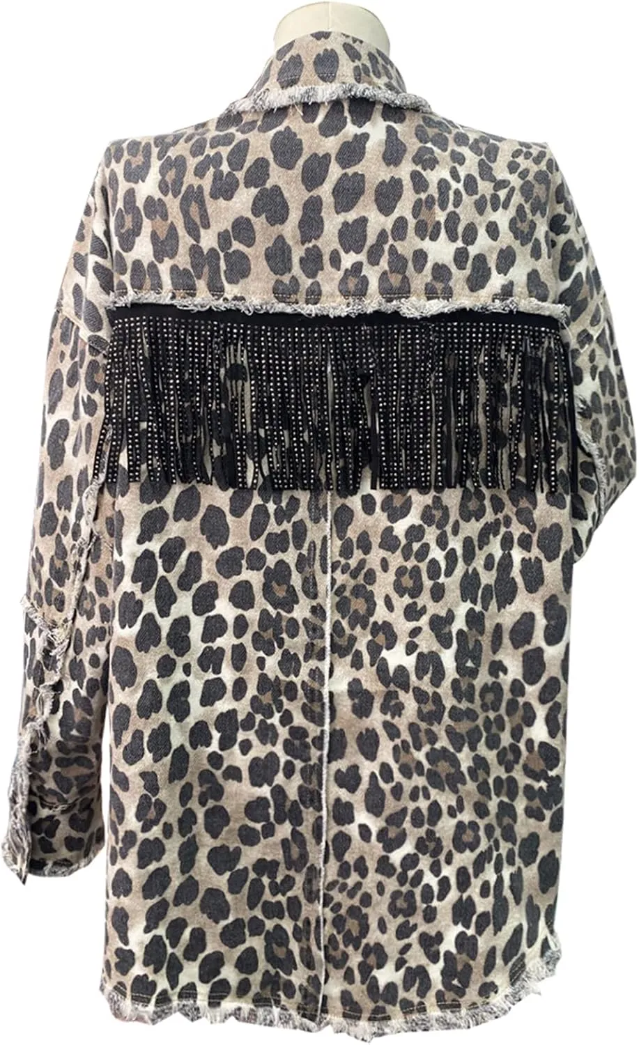 Kedera Women's Leopard Print Denim Jacket for Women Tassel Fringe Long Sleeve Drop Shoulder Denim Jacket