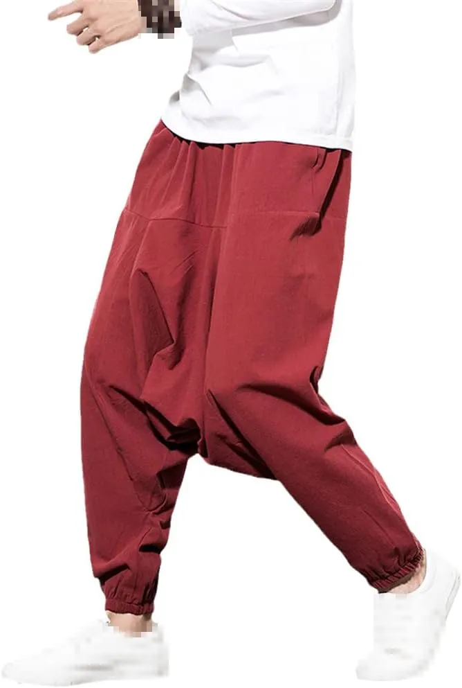 keusyoi Chinese Style Harem Pants Men Casual Joggers Pants Mens Cotton Linen Sweatpants Ankle-Length Men Trousers