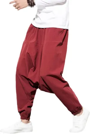 keusyoi Chinese Style Harem Pants Men Casual Joggers Pants Mens Cotton Linen Sweatpants Ankle-Length Men Trousers