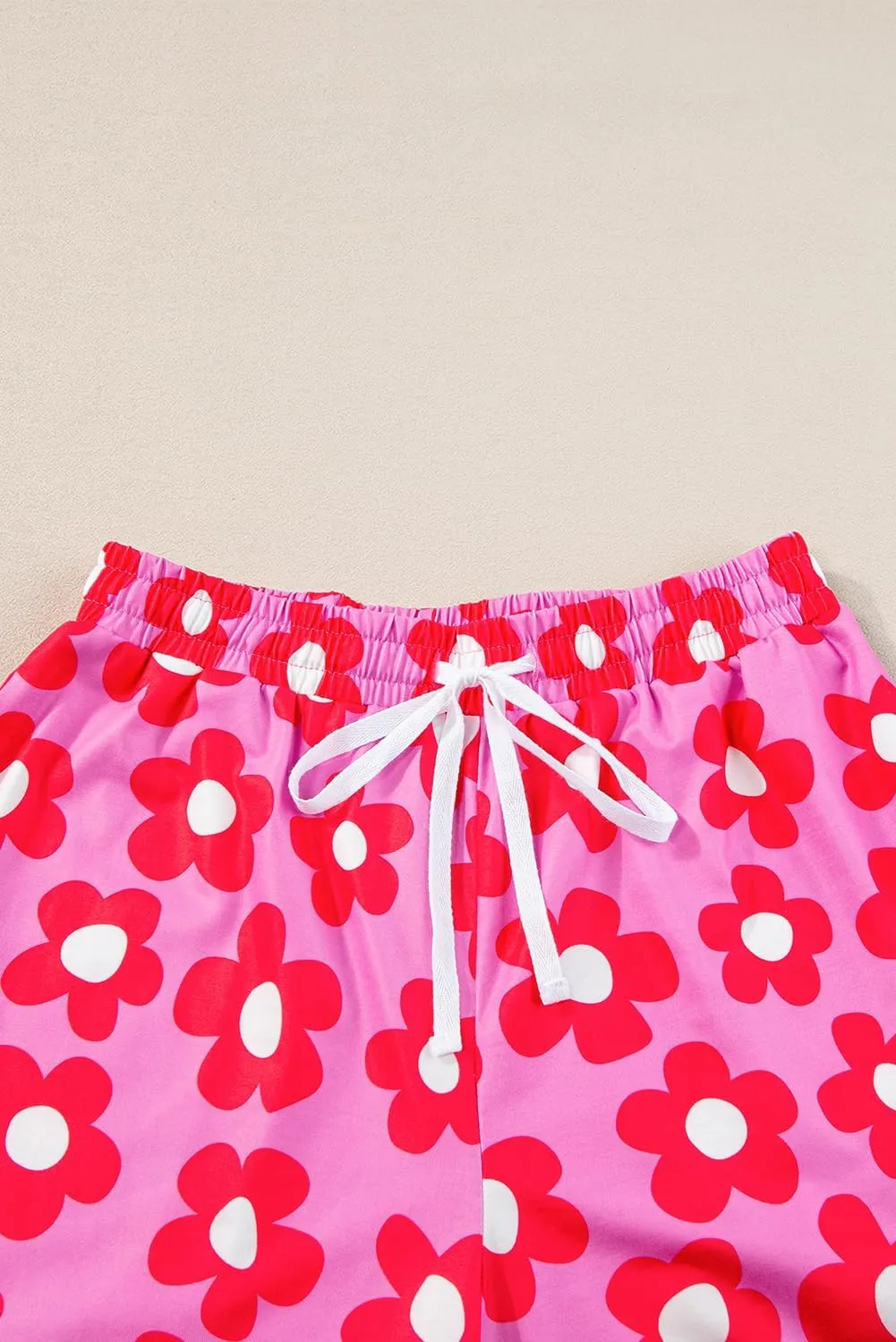 KevaMolly Womens Pajama Sets Pink Flower Print Buttoned Drawstring Waist Lounge Set Short Sleeve Top and Shorts