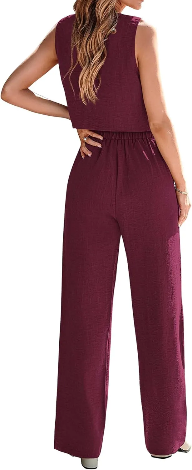 KIRUNDO Womens Two Piece Outfits Summer Fashion Button V Neck Crop Vest Blazer and Wide Leg Pants Suit Matching Sets