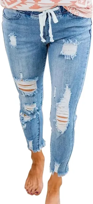 KUNMI Women High Waist Skinny Stretch Ripped Jeans Destroyed Denim Pants Plus Size