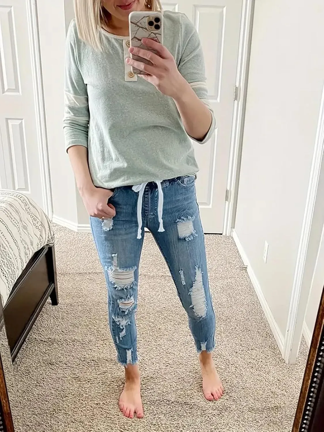 KUNMI Women High Waist Skinny Stretch Ripped Jeans Destroyed Denim Pants Plus Size