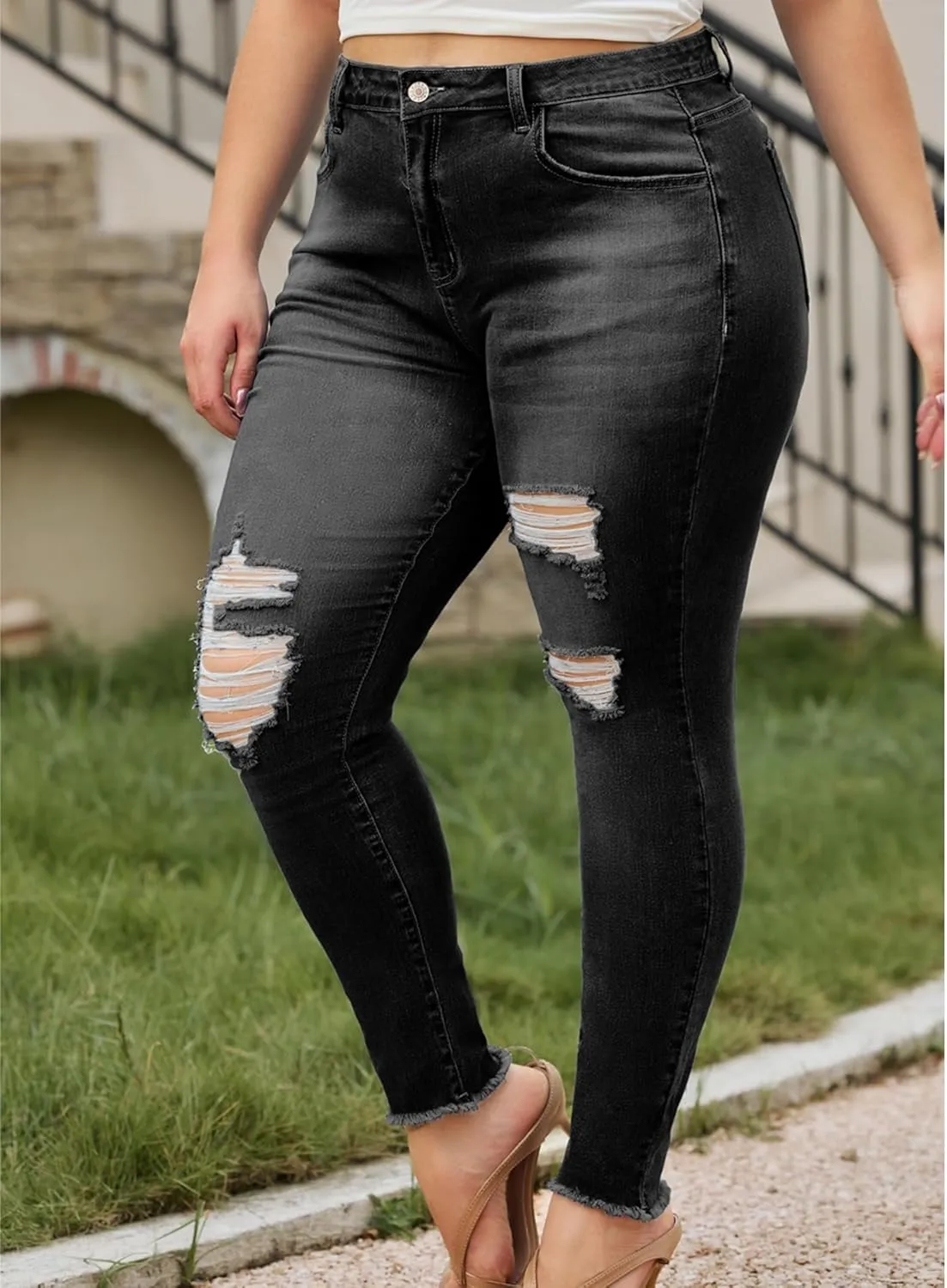 LALAGEN Women 2025 Plus Size Skinny Jeans Stretchy High Waisted Ankle Jean Destroyed Ripped Denim Pants 1X-5X