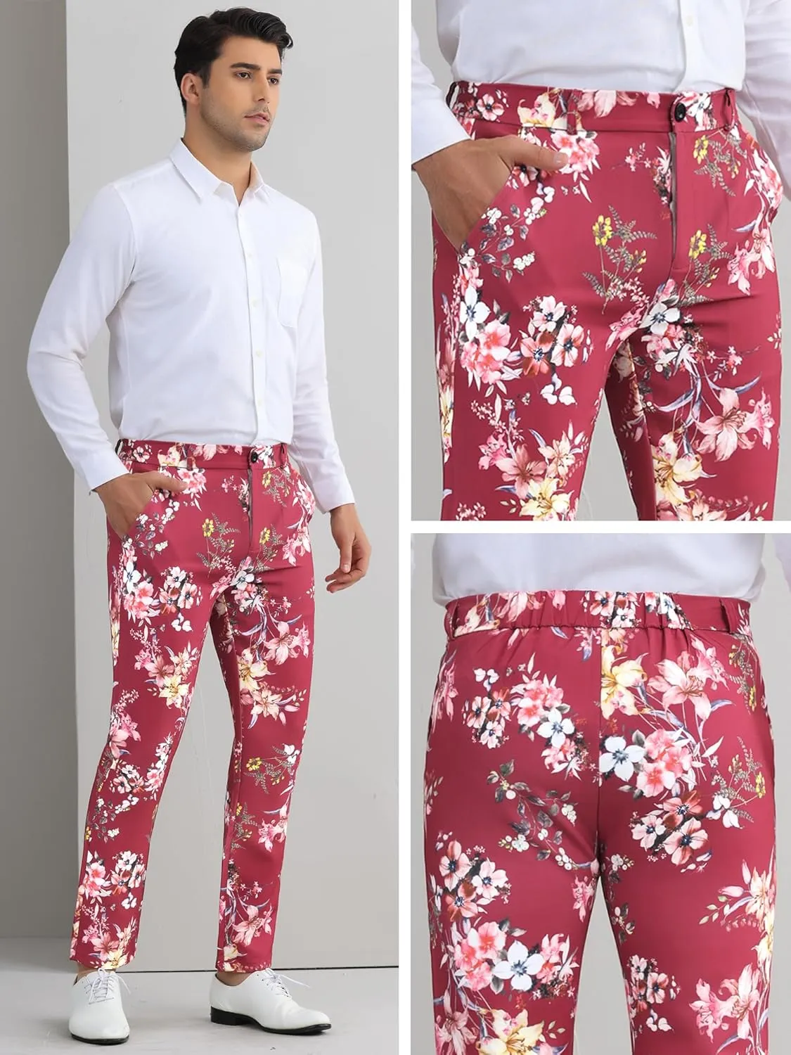 Lars Amadeus Floral Dress Pants for Men's Flat Front Party Prom Flower Printed Slacks