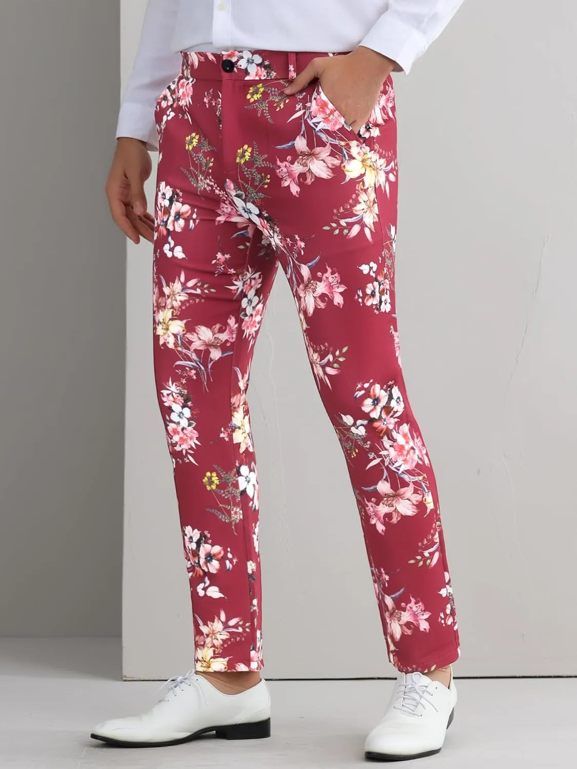 Lars Amadeus Floral Dress Pants for Men's Flat Front Party Prom Flower Printed Slacks