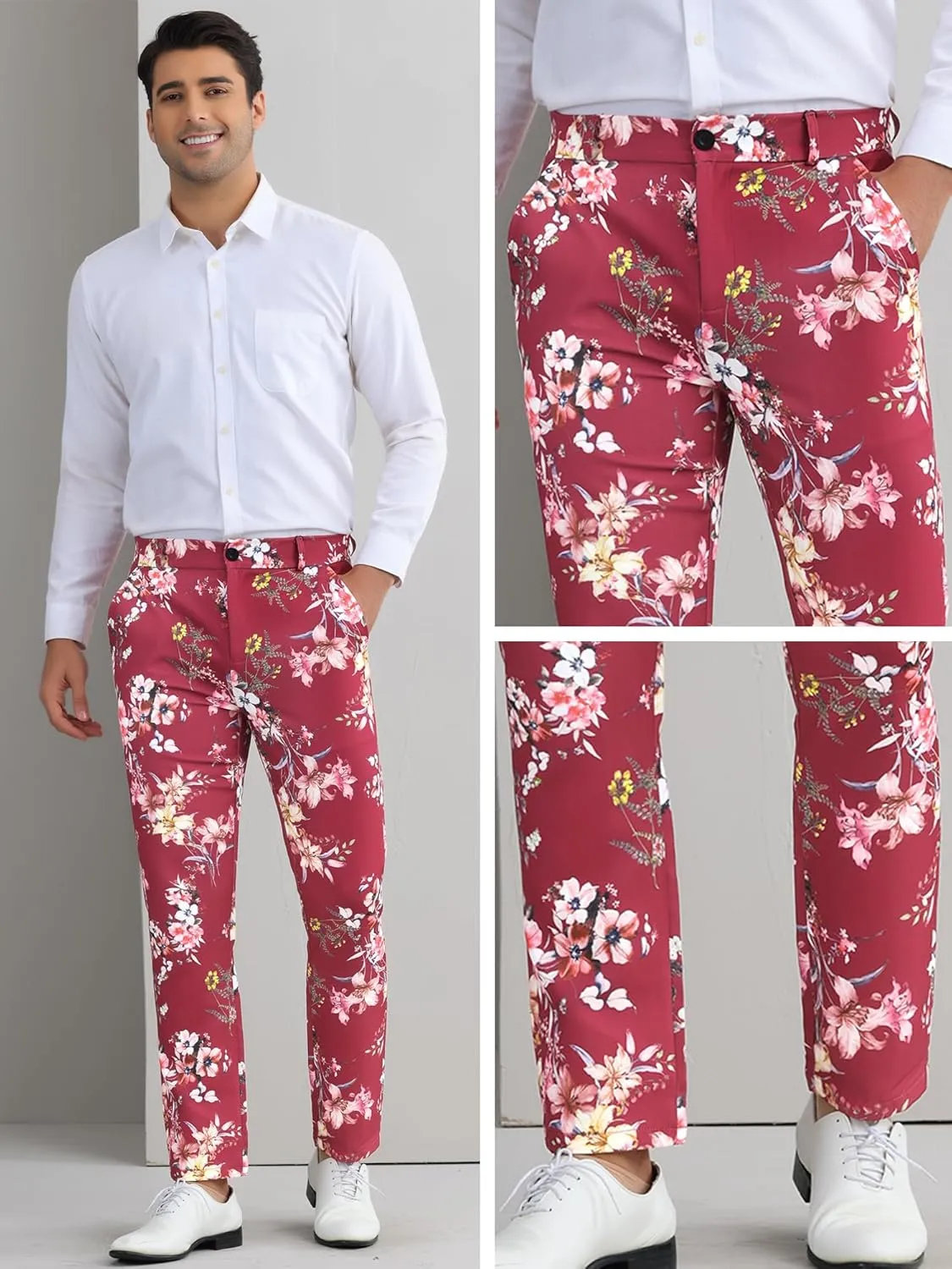 Lars Amadeus Floral Dress Pants for Men's Flat Front Party Prom Flower Printed Slacks