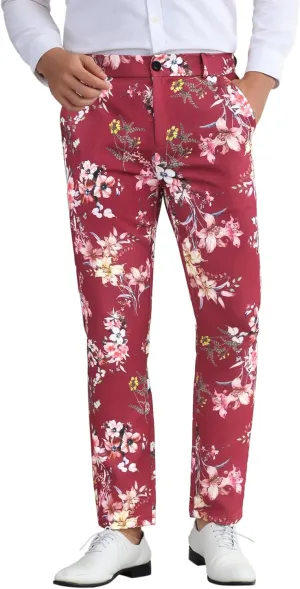 Lars Amadeus Floral Dress Pants for Men's Flat Front Party Prom Flower Printed Slacks