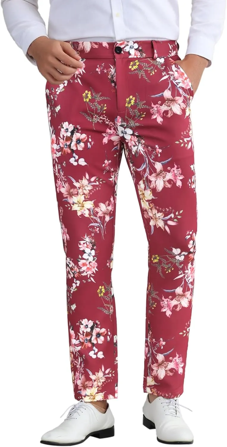 Lars Amadeus Floral Dress Pants for Men's Flat Front Party Prom Flower Printed Slacks