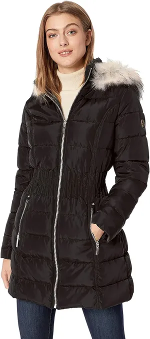 Laundry by Shelli Segal Women's 3/4 Puffer Jacket with Zig Zag Cinched Waist and Faux Fur Trim Hood
