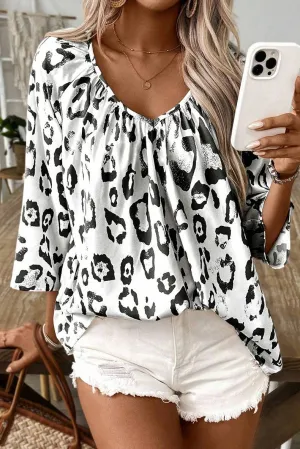 LEOPARD PRINT V-NECK SEVEN-POINT SLEEVE TOP: BLACK / (S) 1