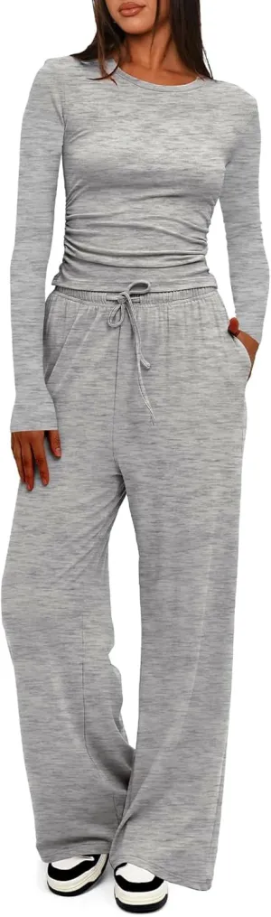 LICOBOD Long sleeve 2 piece Lounge sets for women winter clothes casual Wide Leg Pants comfy Outfits Matching set Streetwear