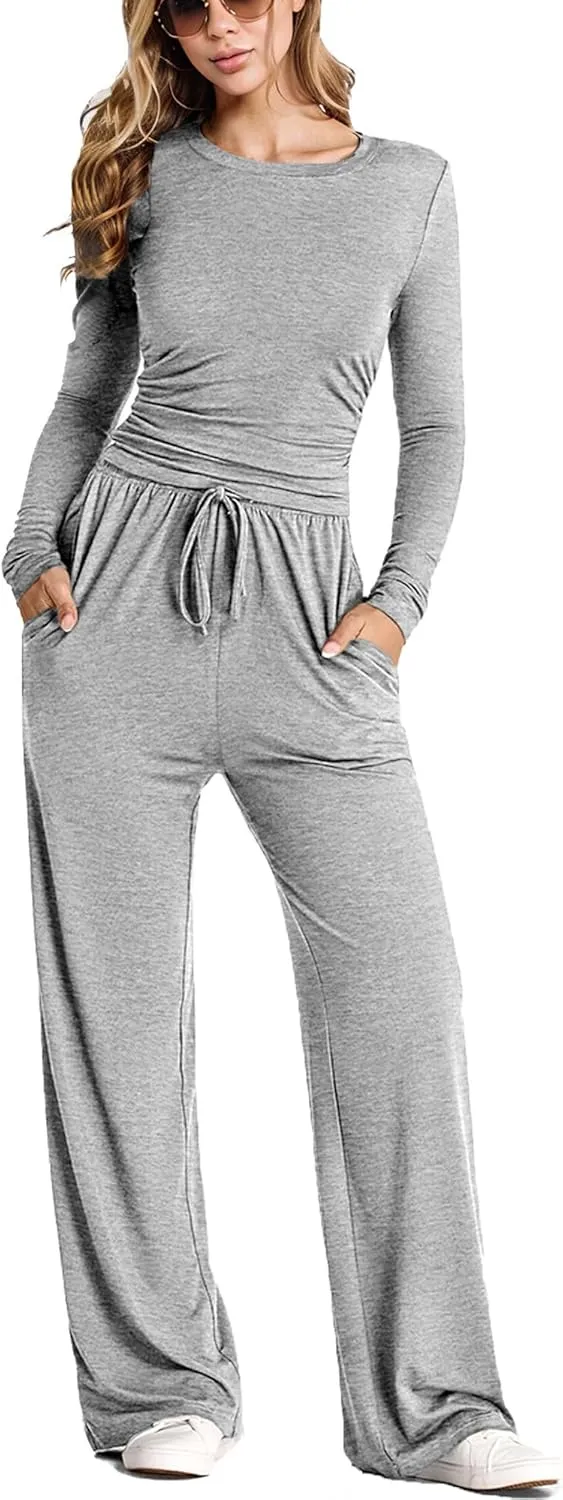 LICOBOD Long sleeve 2 piece Lounge sets for women winter clothes casual Wide Leg Pants comfy Outfits Matching set Streetwear