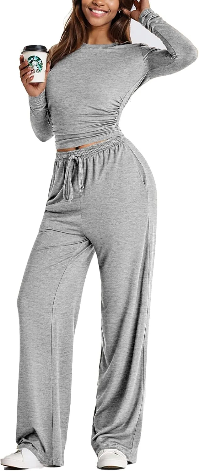 LICOBOD Long sleeve 2 piece Lounge sets for women winter clothes casual Wide Leg Pants comfy Outfits Matching set Streetwear