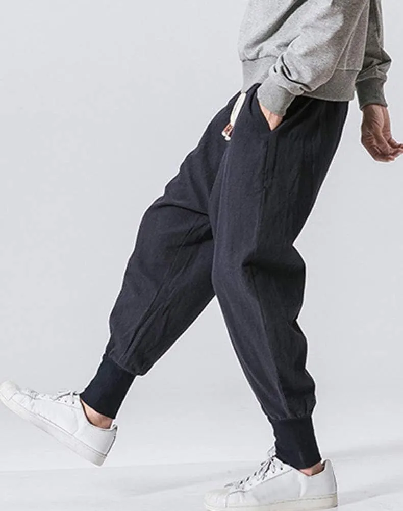 LifeHe Men Linen Drop Crotch Wide Leg Baggy Harem Pants