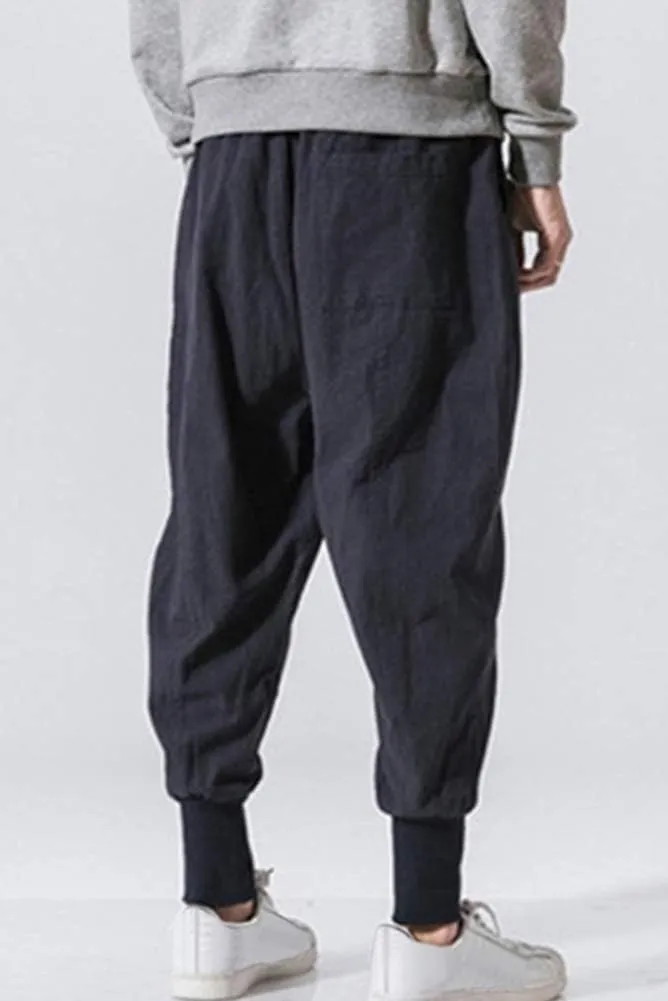 LifeHe Men Linen Drop Crotch Wide Leg Baggy Harem Pants