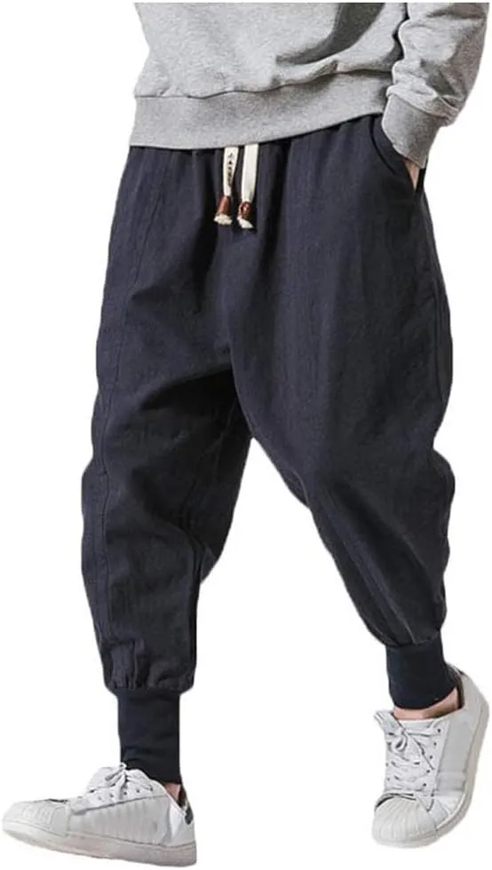 LifeHe Men Linen Drop Crotch Wide Leg Baggy Harem Pants