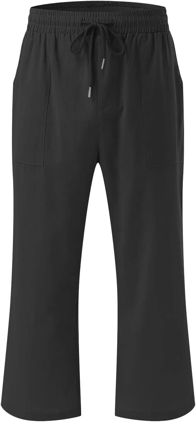 Linen Capris for Women Summer Casual Lounge Pants Cropped Cotton Linen Comfy Drawstring Baggy Trousers with Pockets