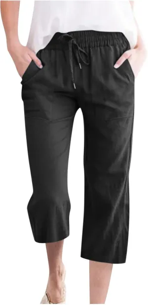 Linen Capris for Women Summer Casual Lounge Pants Cropped Cotton Linen Comfy Drawstring Baggy Trousers with Pockets