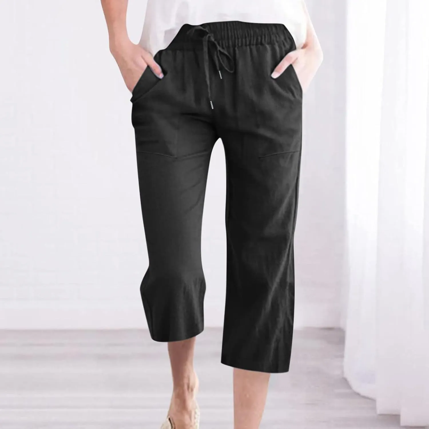 Linen Capris for Women Summer Casual Lounge Pants Cropped Cotton Linen Comfy Drawstring Baggy Trousers with Pockets