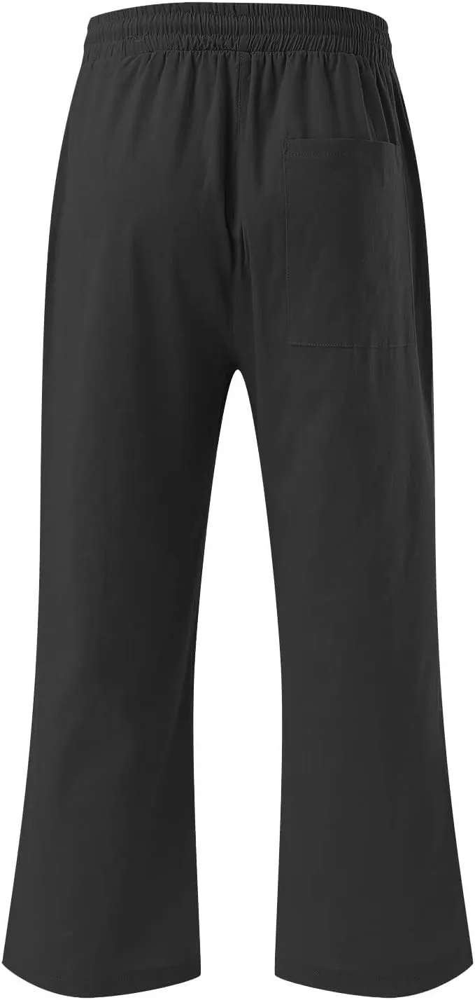 Linen Capris for Women Summer Casual Lounge Pants Cropped Cotton Linen Comfy Drawstring Baggy Trousers with Pockets