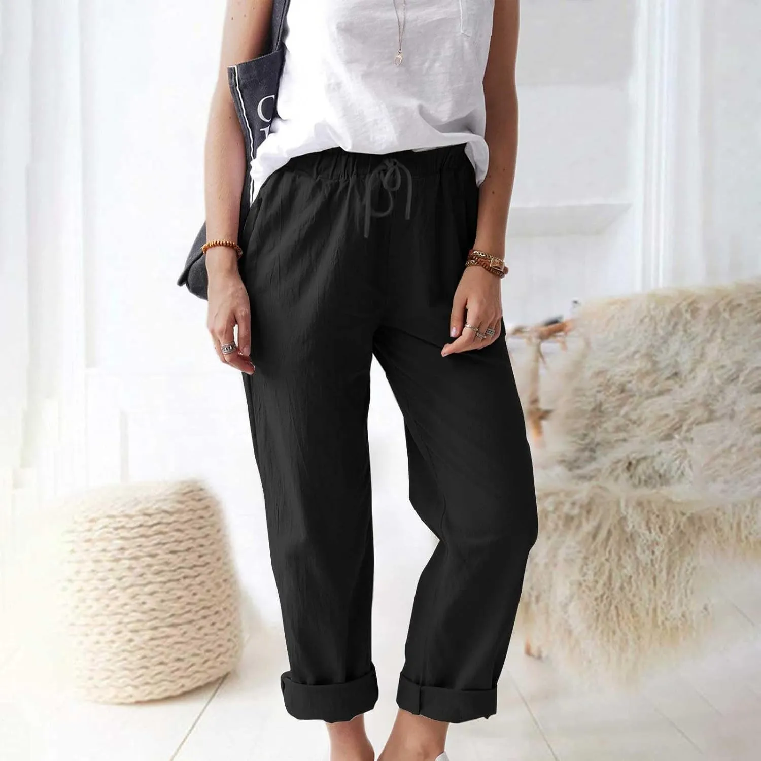 Linen Pants for Women 2025 Straight Wide Leg Lounge Pants Elastic Waist Roll Up Summer Beach Trousers with Pockets