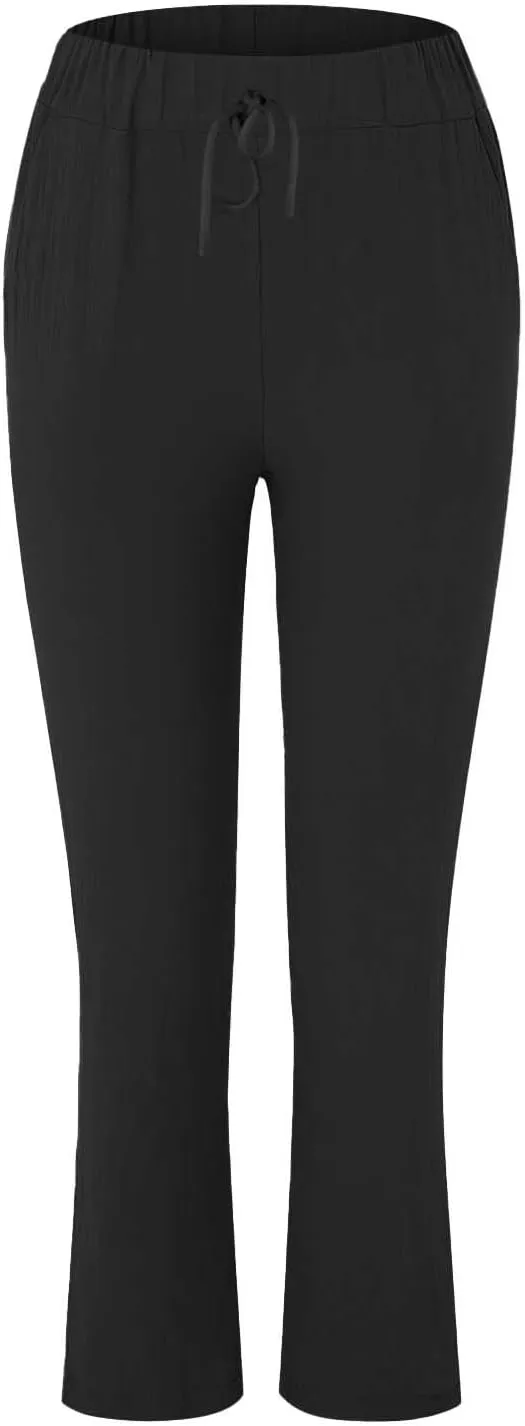 Linen Pants for Women 2025 Straight Wide Leg Lounge Pants Elastic Waist Roll Up Summer Beach Trousers with Pockets