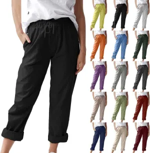 Linen Pants for Women 2025 Straight Wide Leg Lounge Pants Elastic Waist Roll Up Summer Beach Trousers with Pockets
