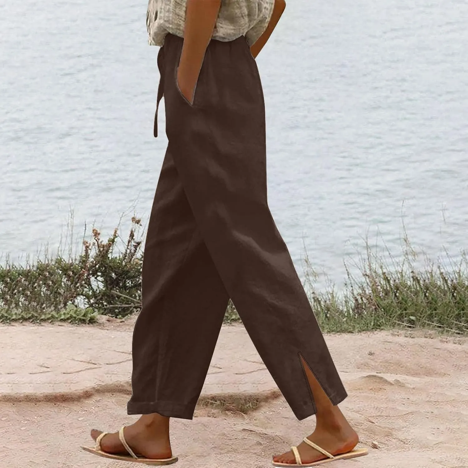 Linen Pants for Women 2025 Summer Casual Lightweight Drawstring Elastic Waist Pants Straight Leg Lounge Trousers