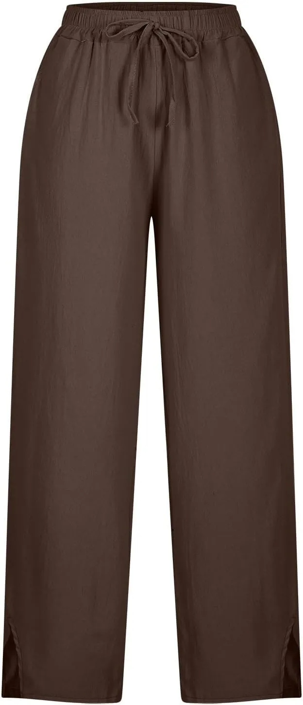 Linen Pants for Women 2025 Summer Casual Lightweight Drawstring Elastic Waist Pants Straight Leg Lounge Trousers