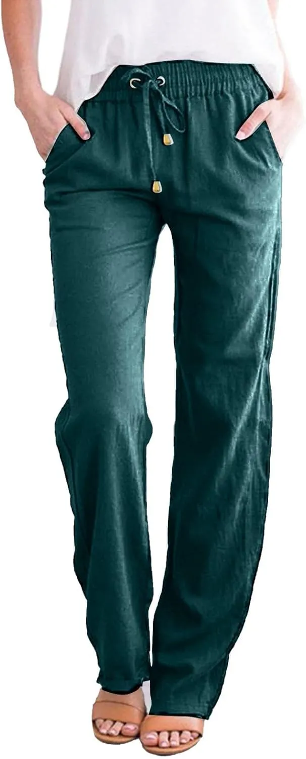 Linen Pants for Women High Waist Casual Wide Leg Pants Drawstring Summer Pants with Pockets Beach Palazzo Pants Trousers, 3X-Large, #B2-dark Green