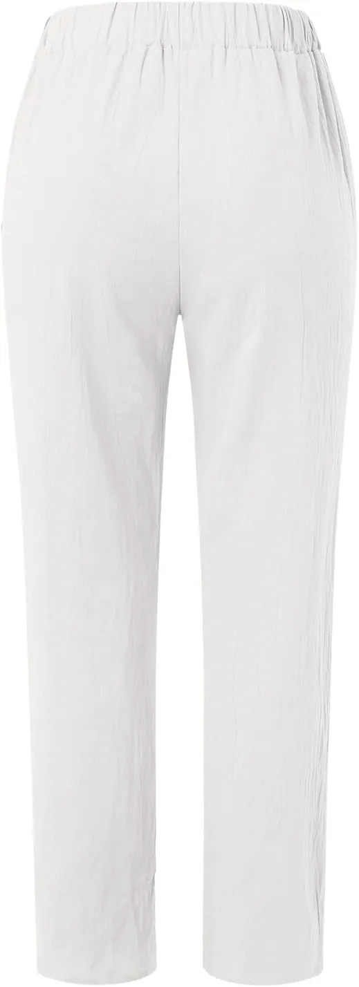 Linen Pants for Women Summer Casual Elastic High Waist Straight Leg Lounge Pants Beach Plus Size Lightweight Trousers