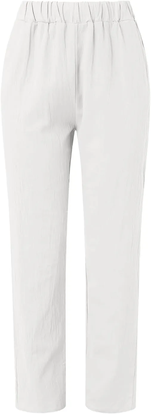 Linen Pants for Women Summer Casual Elastic High Waist Straight Leg Lounge Pants Beach Plus Size Lightweight Trousers