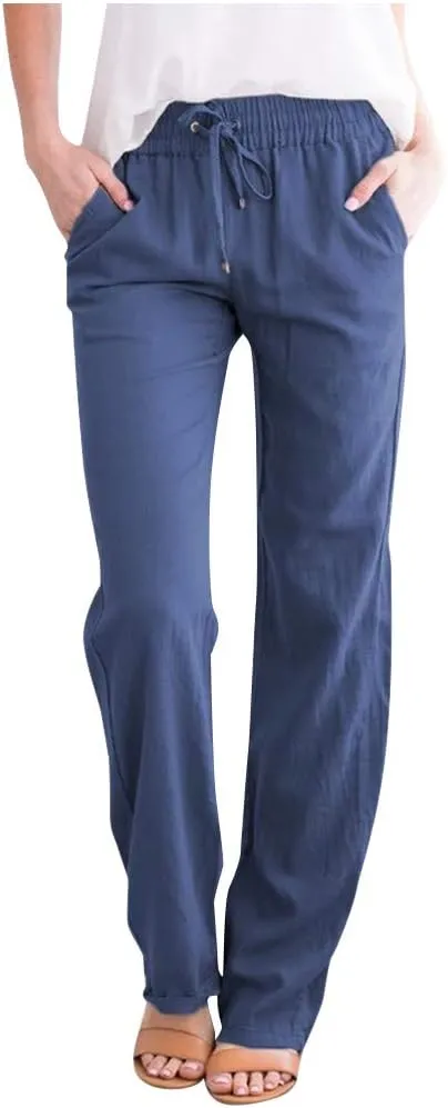 Linen Pants Women Casual Linen High Waist Pants Drawstring Loose Fit Summer Pants Trousers with Side Pockets