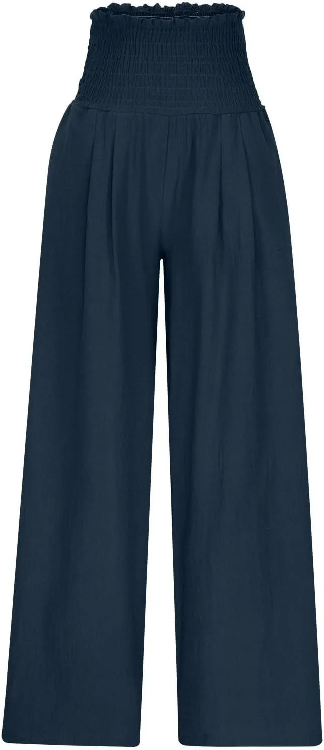 Linen Pants Women Smocked High Waisted Palazzo Pants Ladies Wide Leg Trousers Dressy Casual Summer Beach Outfits