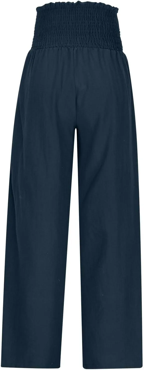 Linen Pants Women Smocked High Waisted Palazzo Pants Ladies Wide Leg Trousers Dressy Casual Summer Beach Outfits