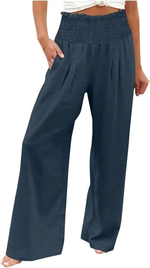 Linen Pants Women Smocked High Waisted Palazzo Pants Ladies Wide Leg Trousers Dressy Casual Summer Beach Outfits